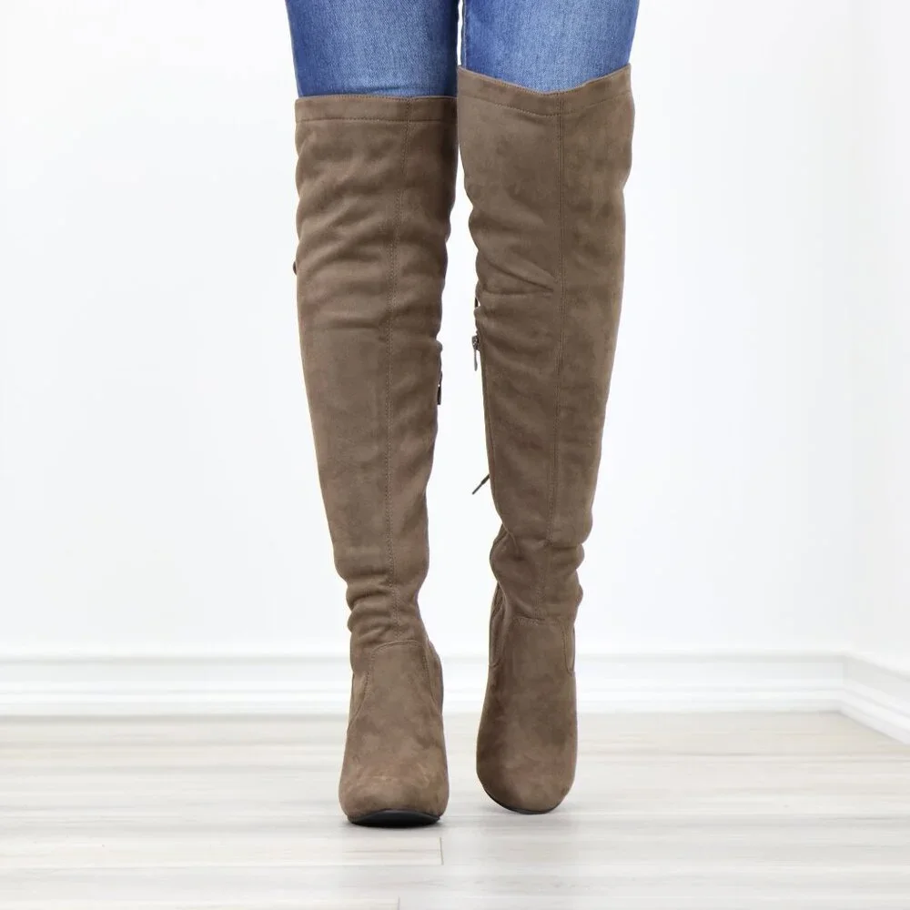 Taupe Faux Suede Over The Knee Lace Up Back Side Zipper High Heel